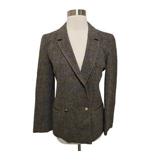 Womens Vintage Tweed Blazer Jacket Made In Italy Plaid US Size 4-6 Elbow Patches